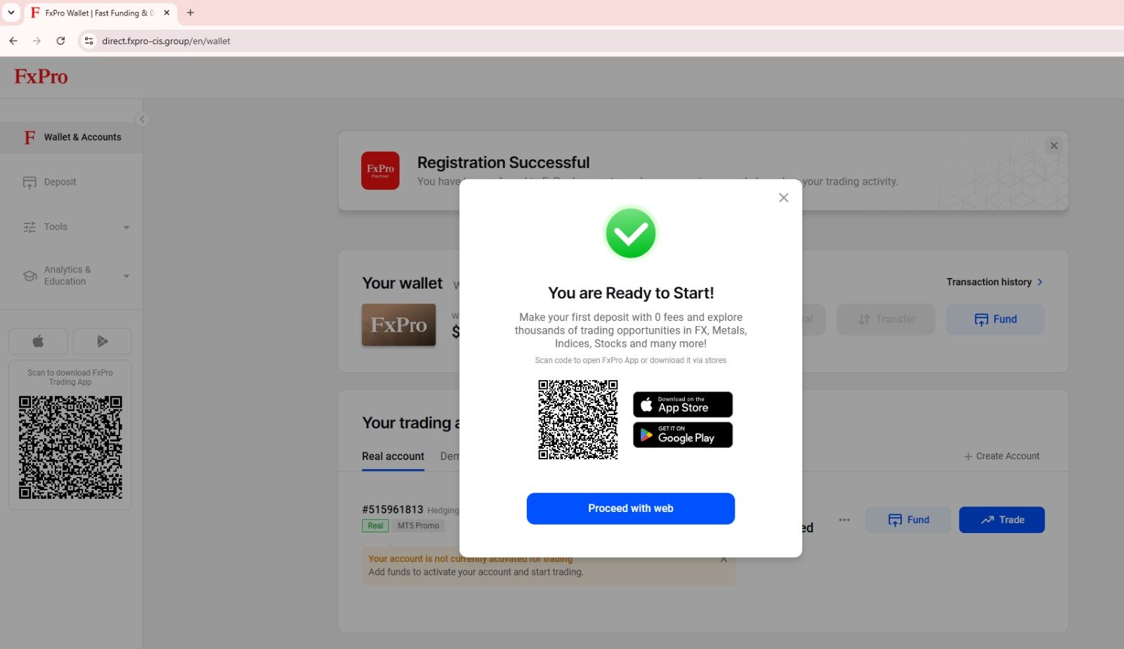 پیام موفقیت ثبتنام و دانلود اپلیکیشن FxPro